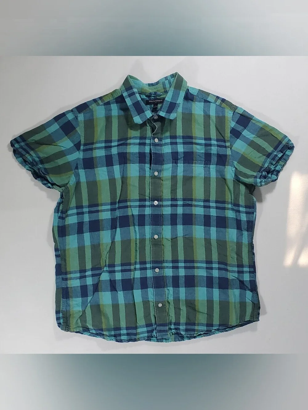 Banana Republic Mens XL Shirt Blue Green Plaid Linen Cotton Short Sleeve Pocket